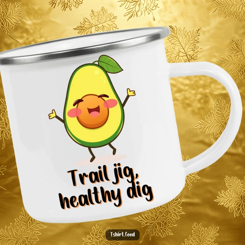 Durable funny winking avocado camping mug doing a happy jig, perfect for outdoor fun and humor. Great funny gift.