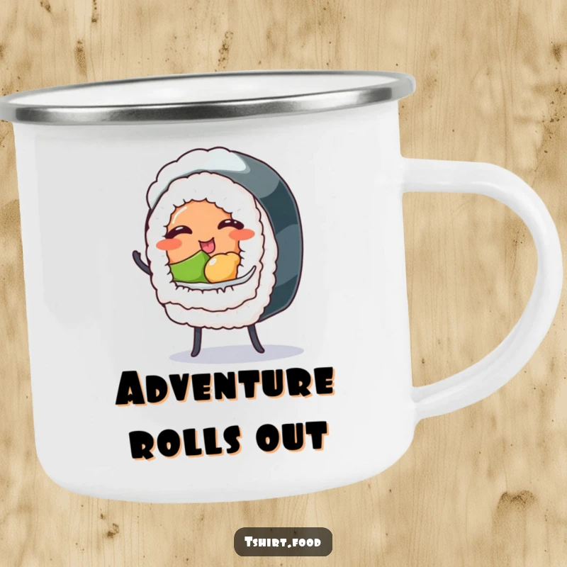 Funny camping mug featuring a winking sushi roll with tiny legs dancing, ideal for outdoor adventures and humorous beverages.