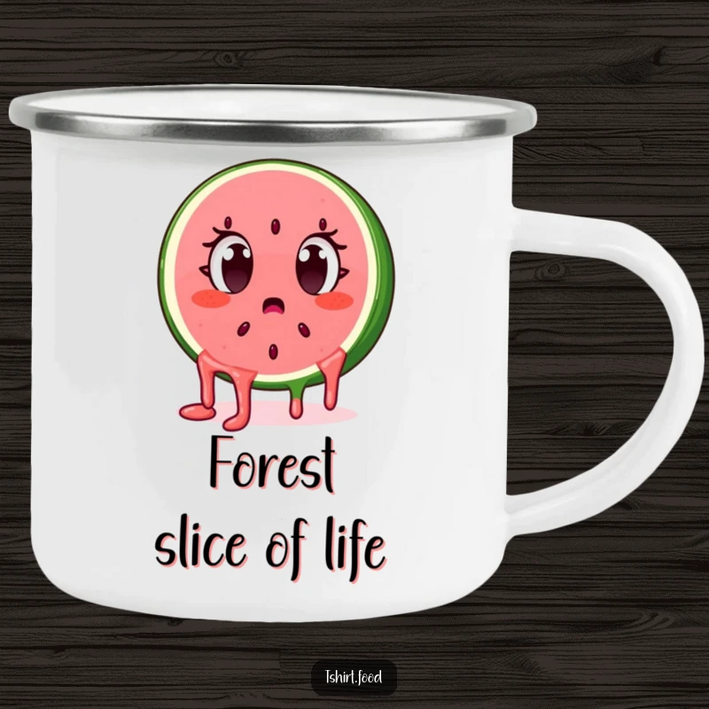 Funny surprised watermelon slice character with dripping seeds, eyes wide, on an enamel camping mug. Rugged and humorous.