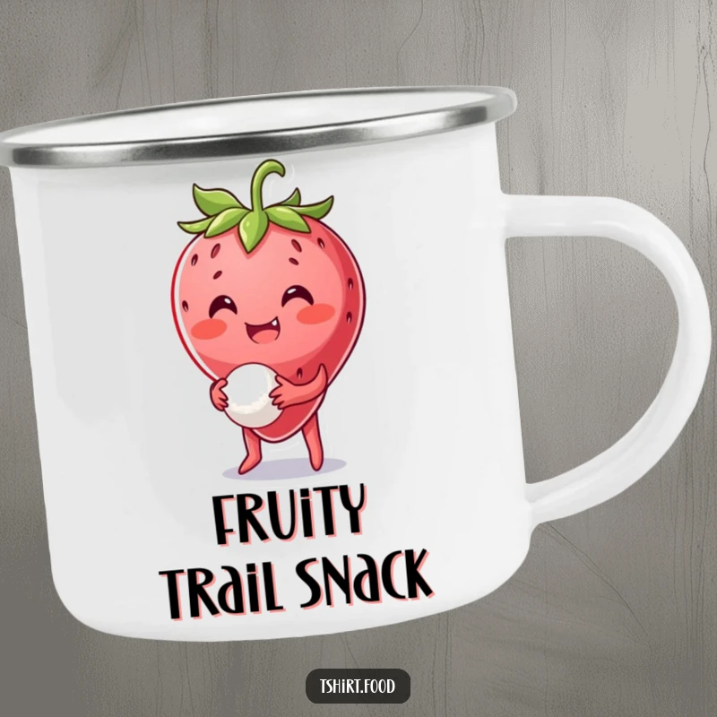 Funny Strawberry Camping Mug: A smiling strawberry character bounces a tiny ball, perfect for enjoying drinks during outdoor adventures.