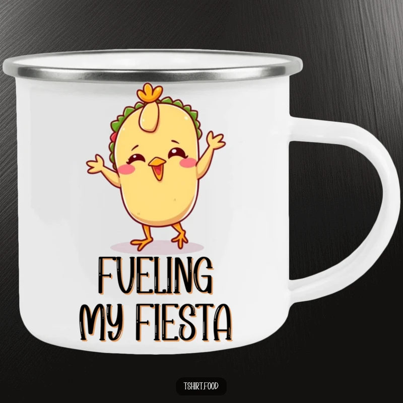 Funny Taco Chicken Dance Camping Mug showcasing a giggling taco with tiny feet doing the chicken dance, built for outdoor humor.