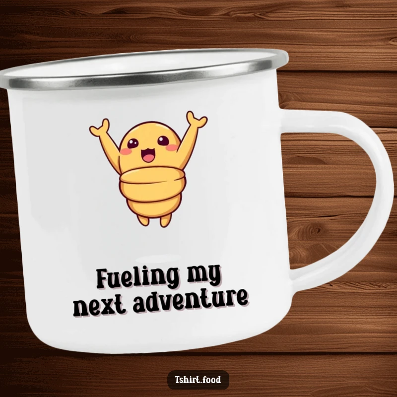 Funny camping mug depicting a surprised croissant character in a mid-air leap, arms up, ready for an adventurous, delicious moment outdoors.