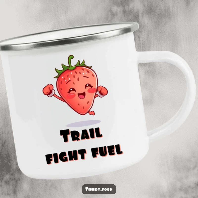 Funny boxing strawberry camping mug with a small fruit jumping with gloves, ideal funny gift.