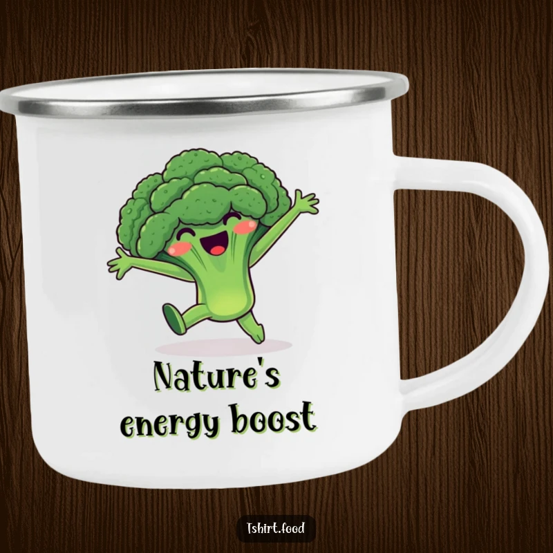 Funny Broccoli Camping Mug: A happy broccoli character performing a cartwheel with arms wide, perfect for enjoying drinks outdoors.