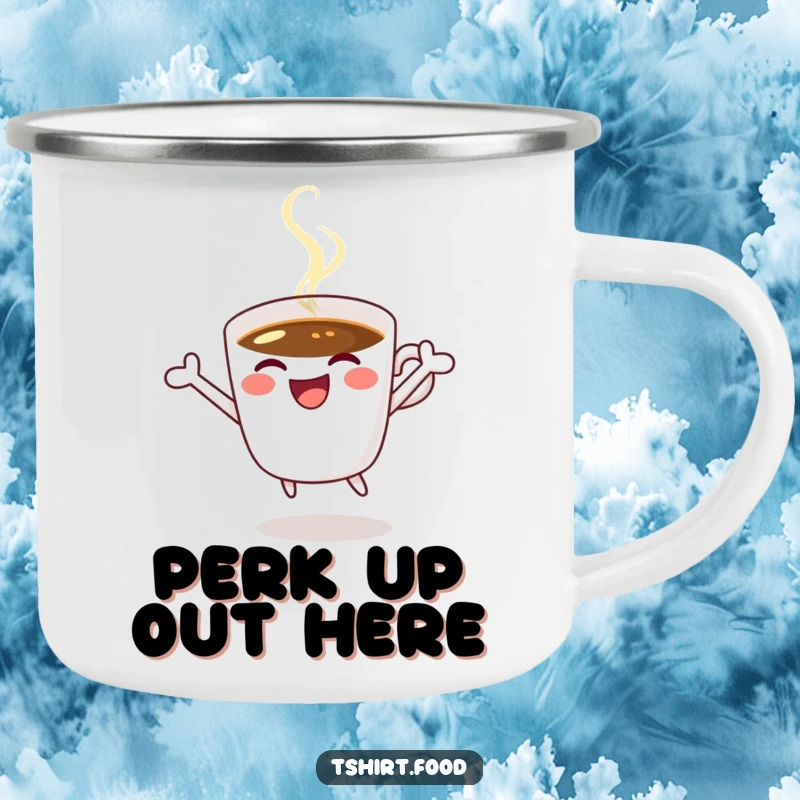 Funny coffee camping mug with a joyful coffee cup winking and jumping, designed for outdoor enjoyment and caffeine lovers.