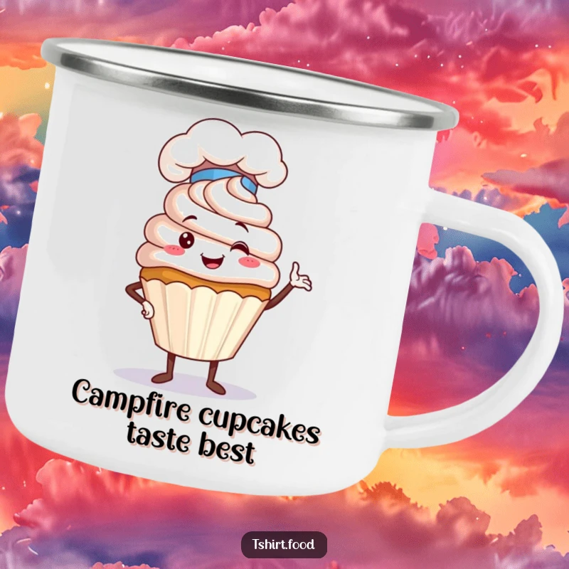 Funny Cupcake Chef Camping Mug featuring a proud cupcake character in a chef hat, perfect for enjoying beverages outdoors with a humorous baking theme.