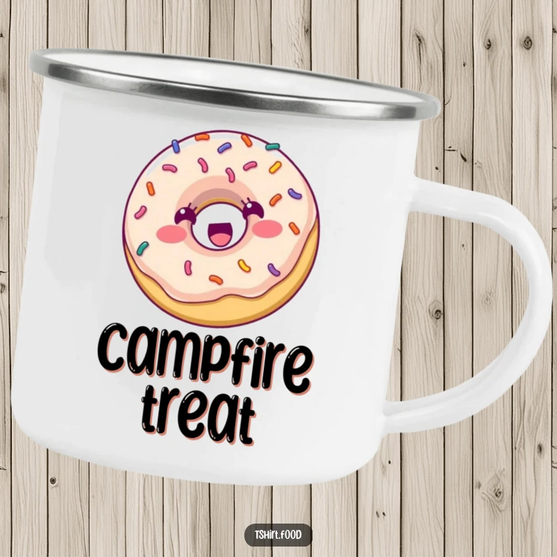 Funny Camping Mug: A happy donut with colorful sprinkles bounces with excitement, ready for any outdoor adventure with a sweet spirit.