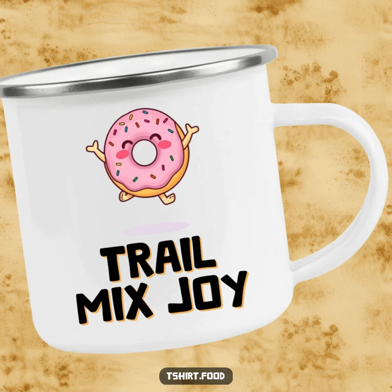Funny Camping Mug featuring a jumping donut with sprinkles dancing, perfect for sweet moments during outdoor adventures.