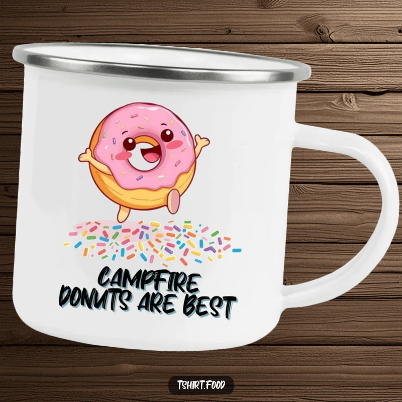Funny Donut Sprinkle Leap Camping Mug featuring a cheerful donut character jumping over sprinkles, perfect for enjoying beverages outdoors with a smile.