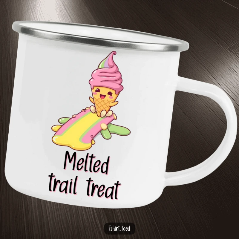 Funny camping mug featuring a smiling ice cream cone character sliding down a rainbow, designed for outdoor enthusiasts who love sweets and fun.