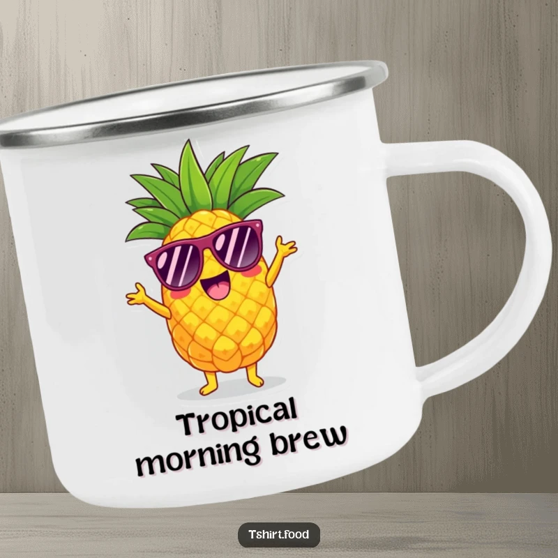 Funny pineapple camping mug with a character in sunglasses doing a fun shimmy, ideal for outdoor adventures.