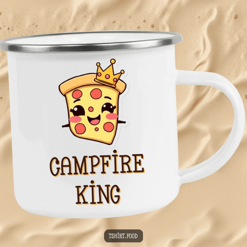 Funny Camping Mug featuring a grinning pizza slice character with a tiny crown, perfect for regal moments outdoors.