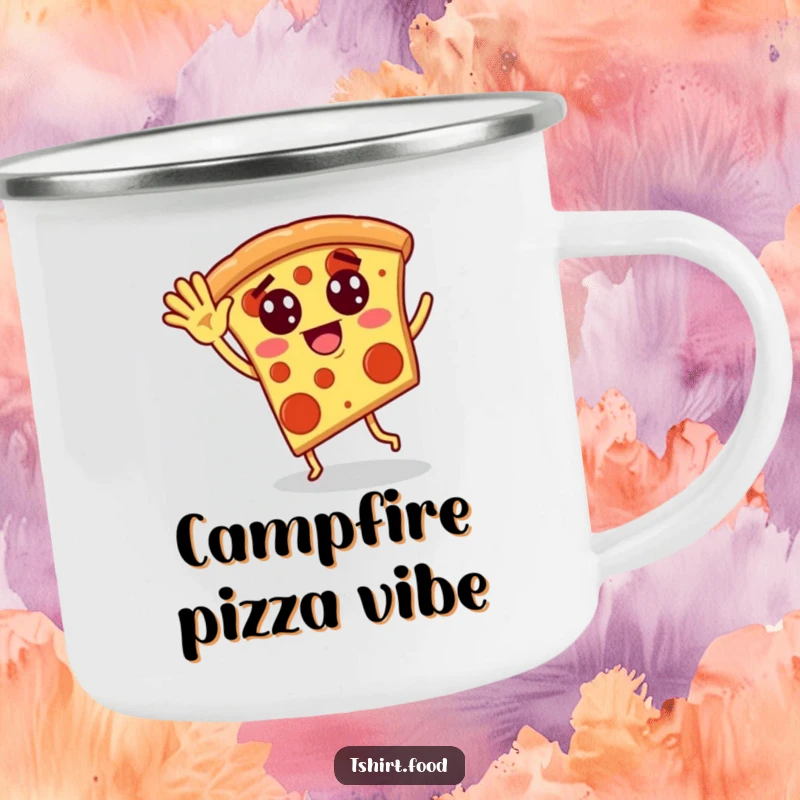 Funny camping mug showing a pizza slice with pepperoni eyes waving and doing a silly dance, ideal for outdoor enthusiasts.