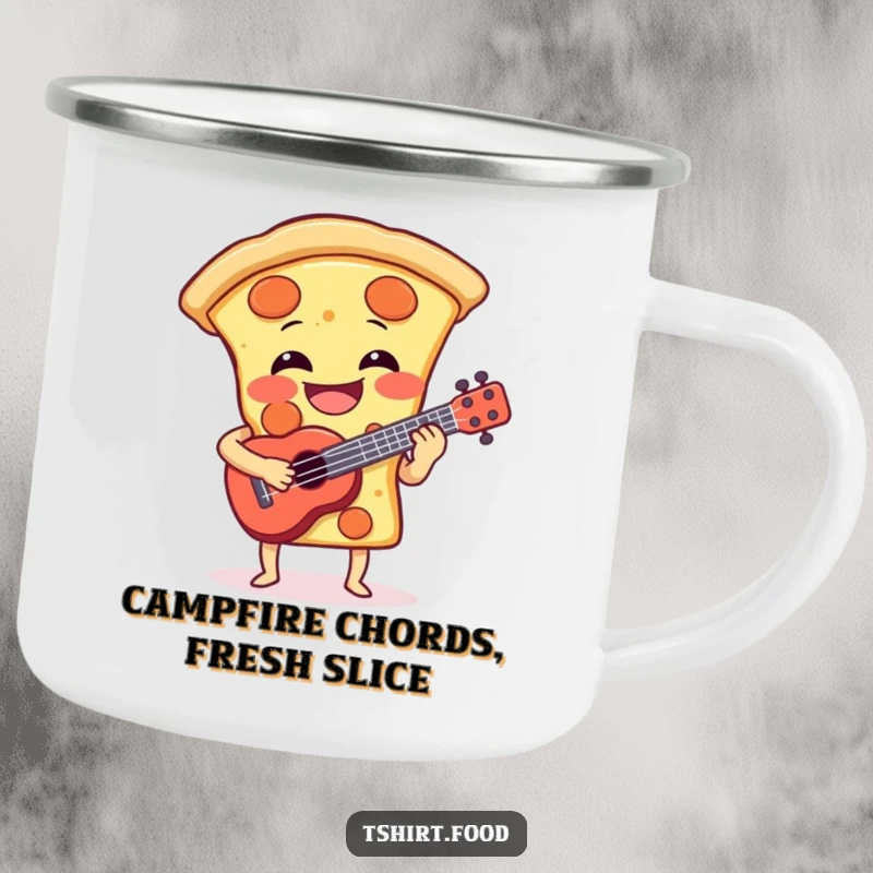 Funny camping mug featuring a laughing pizza slice playing a small ukulele, perfect for enjoying drinks outdoors with musical humor. Funny gift.