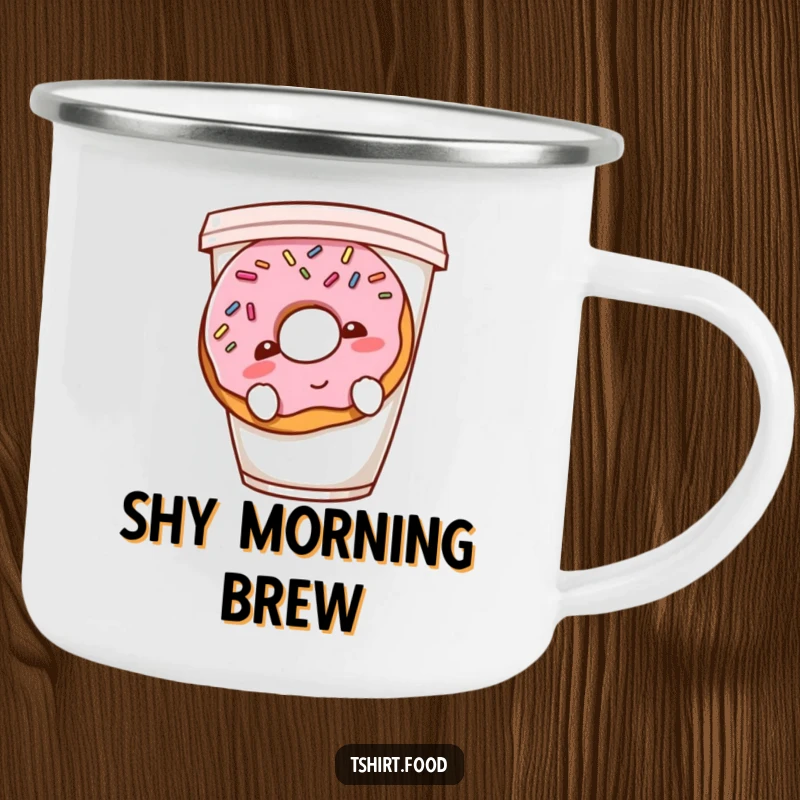Funny shy donut enamel camping mug with a blushing donut hiding behind a coffee cup, durable and irresistibly cute.