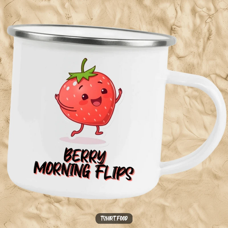 Funny camping mug with a smiling strawberry character doing a happy cartwheel, bringing energetic and fruity humor to outdoor drinks.