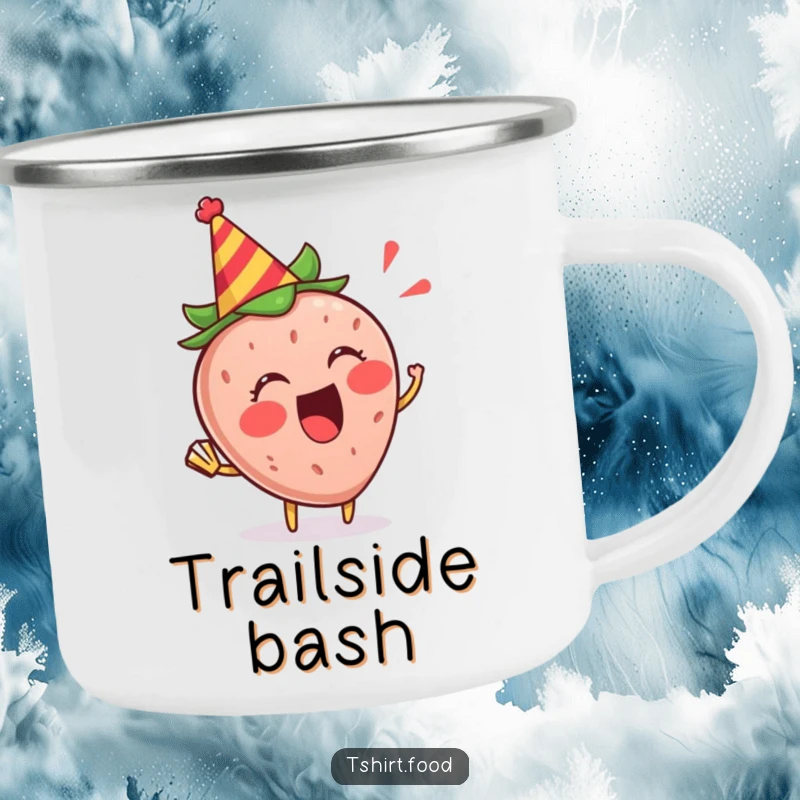 Funny Strawberry Party Camping Mug: An excited strawberry in a party hat blowing a horn, ideal for outdoor drinks.