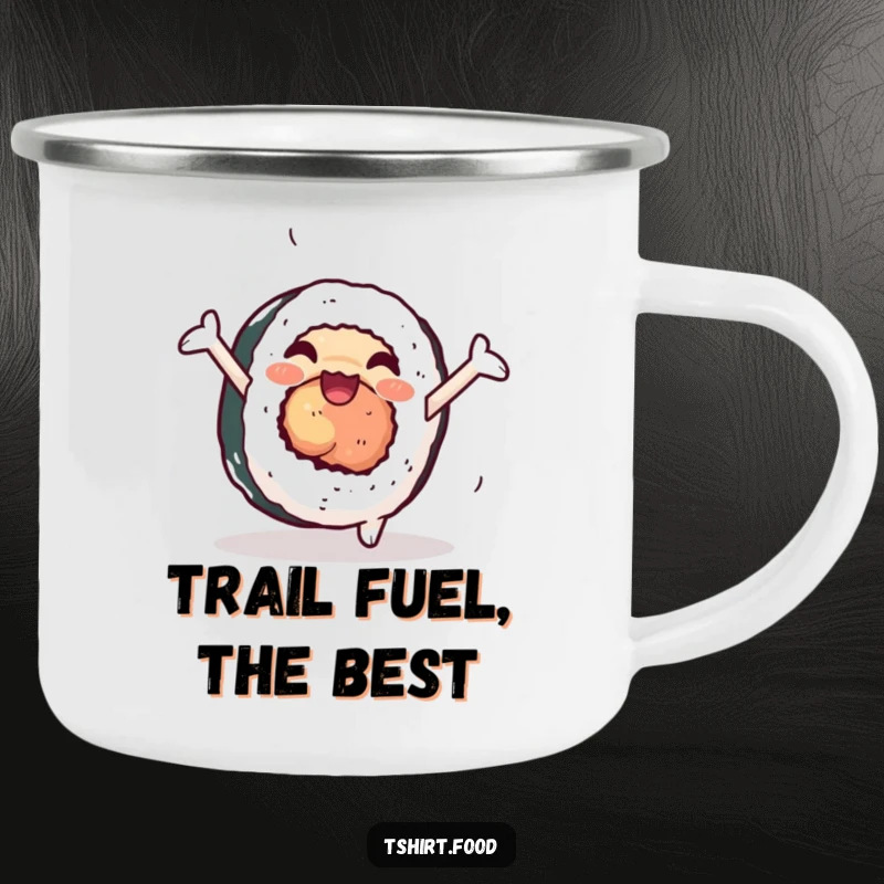 Funny sushi camping mug with a joyful sushi roll doing a cartwheel, designed for outdoor enjoyment and culinary humor.