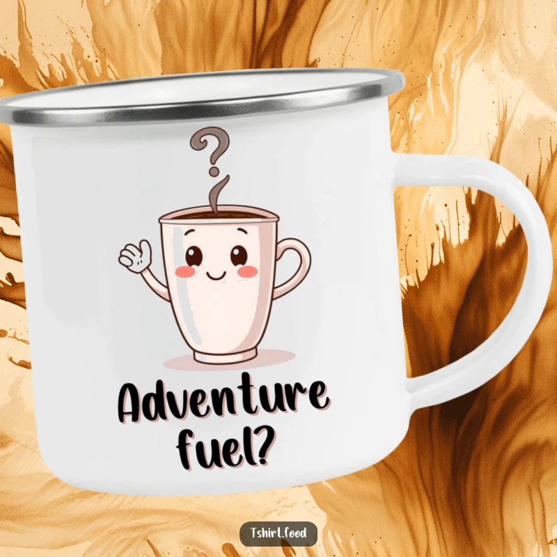 Funny durable camping mug featuring a waving coffee cup character, steam forming a question mark, for outdoor adventures.