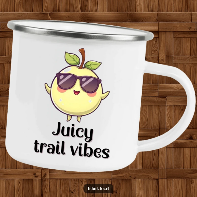 Funny winking plum with cool sunglasses, balanced and ready for adventure on a sturdy camping mug.