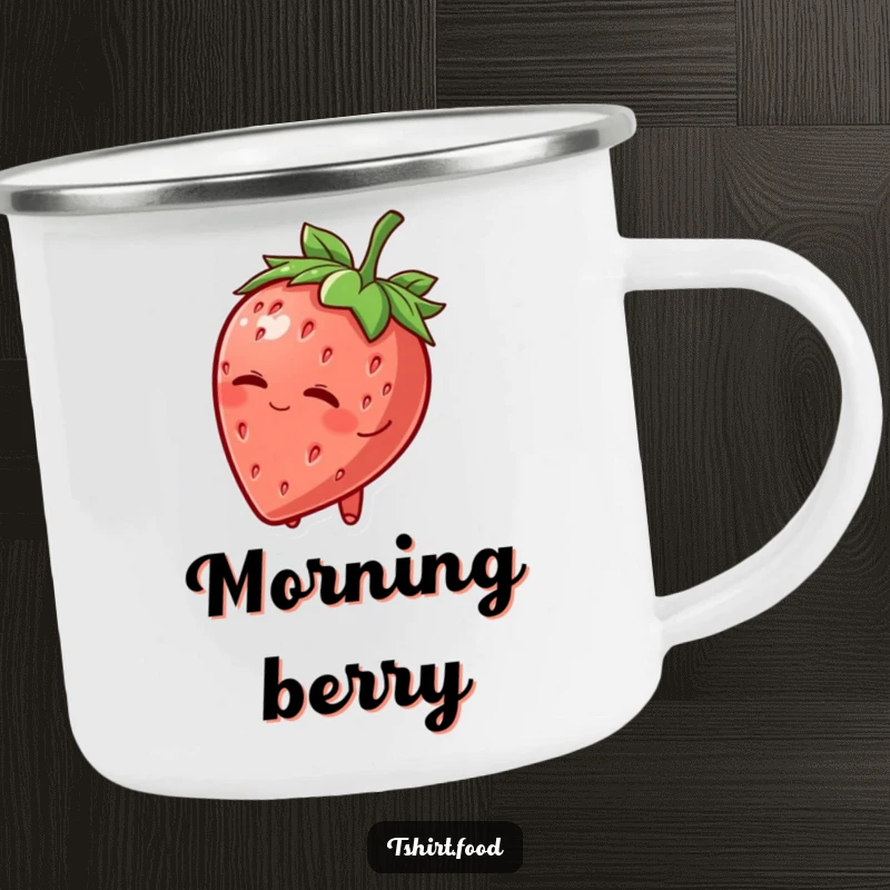 Funny Camping Mug: A charming strawberry character tipping its leafy hat and winking, ready for any outdoor adventure with a sweet spirit.