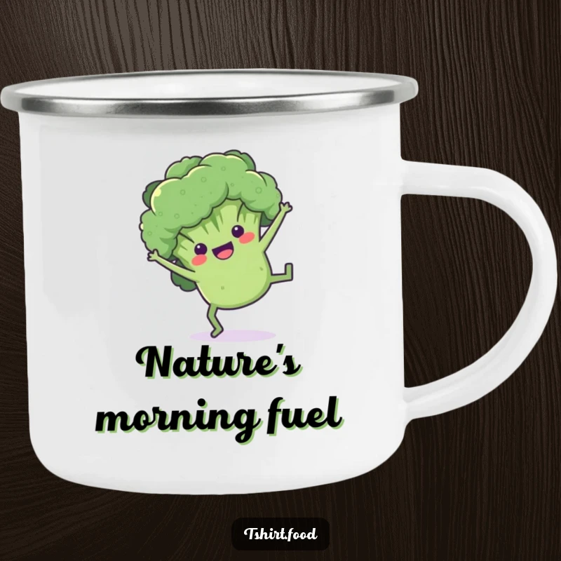 Funny broccoli camping mug featuring a playful floret doing a cartwheel, ideal for outdoor activities and healthy hydration.