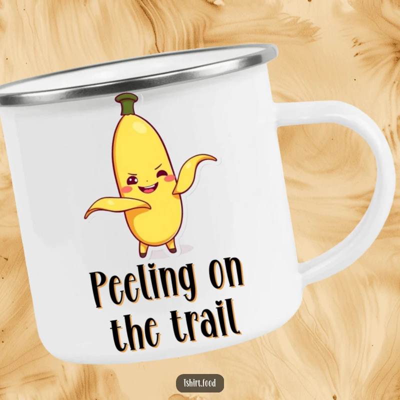 Funny banana character peeling itself with a mischievous grin, on an enamel camping mug. Rugged and humorous.