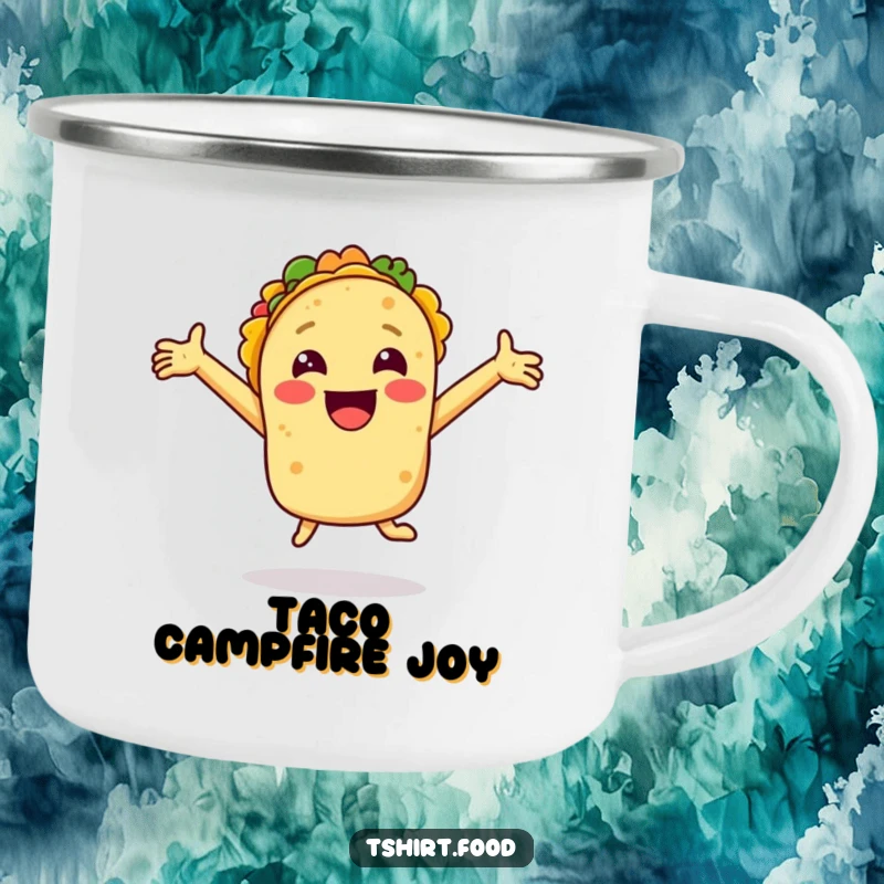 Funny camping mug showing a smiling taco with arms outstretched jumping for joy, designed for outdoor use and cheerful sipping.