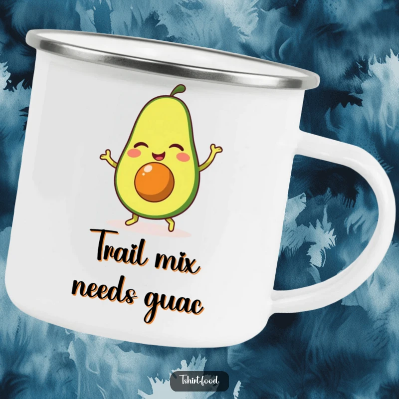 Funny camping mug featuring a winking avocado character doing a happy jig, ready for outdoor adventures and cheerful mornings.