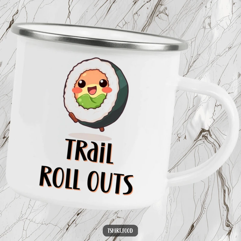 Funny Camping Mug: A cheerful sushi roll performing a cartwheel, ready for outdoor adventures and morning brews.