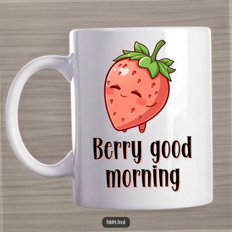 Funny Mug: A cheerful strawberry character with a leafy hat tips it playfully and winks, exuding charm and merriment.