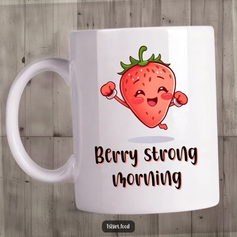 Funny boxing strawberry mug showing a small fruit jumping with boxing gloves, great funny gift.