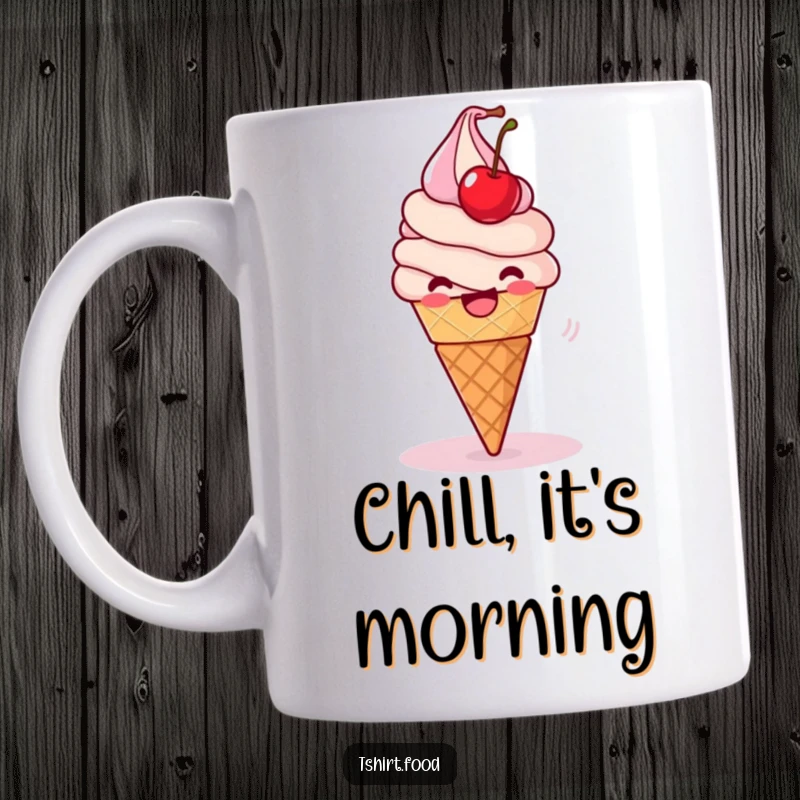 Funny Mug: A delighted ice cream cone playfully spins with a wobbling cherry, showcasing pure frozen treat joy.