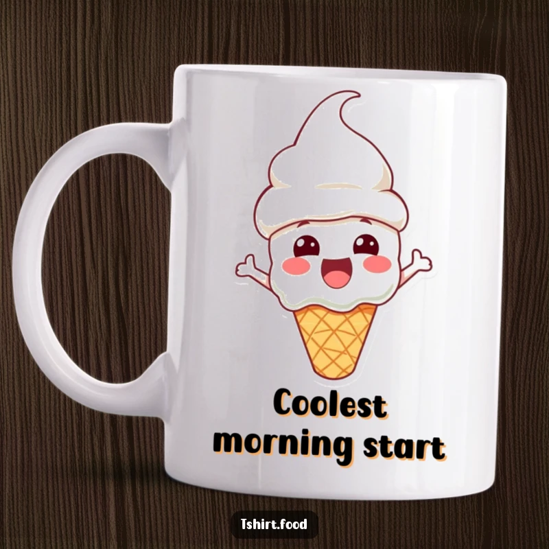 Funny Mug featuring an excited ice cream cone character wearing a cone hat, looking delighted and ready for a treat.