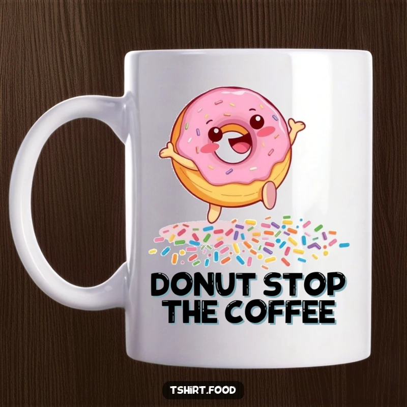 Funny Donut Sprinkle Leap Mug featuring a cheerful donut character joyfully jumping over a pile of colorful sprinkles, radiating happiness.