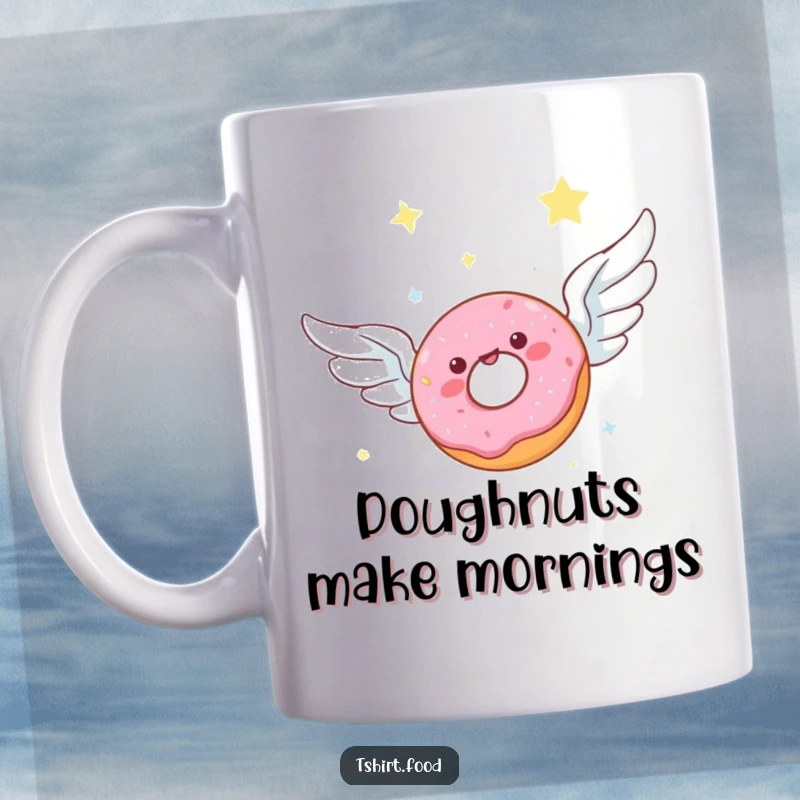 Funny mug showing a joyful donut character with wings soaring gracefully through a beautiful, starlit night sky, spreading delicious delight.