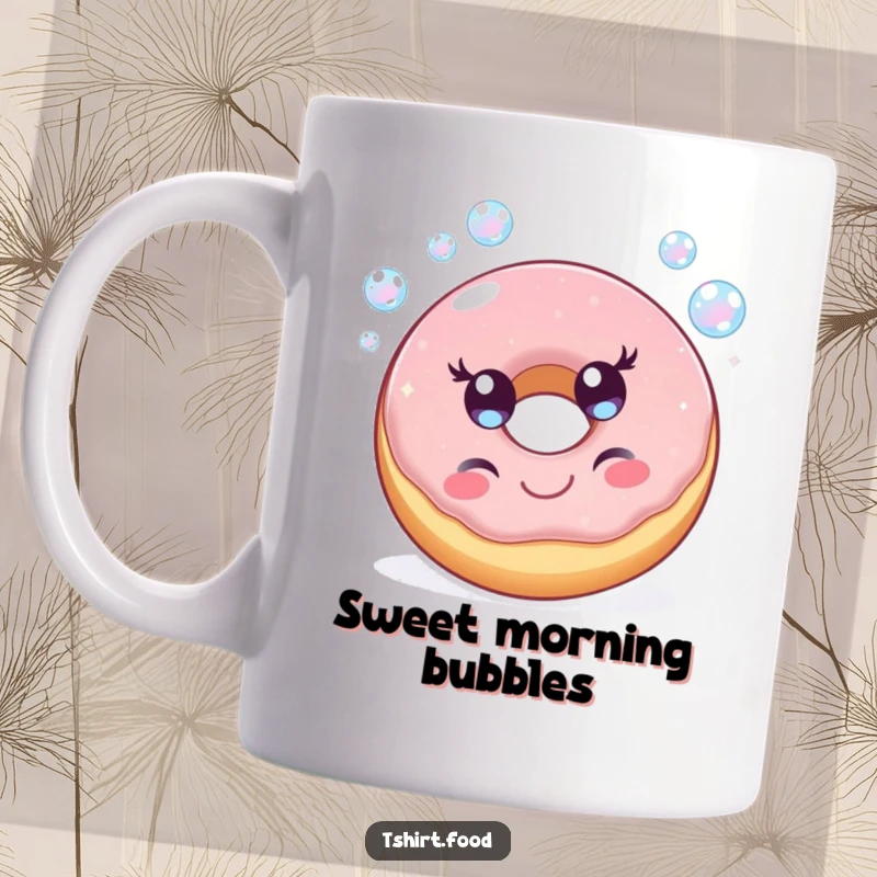 Funny mug with a cheerful donut character happily blowing iridescent bubbles, symbolizing sweet joy and delightful moments.