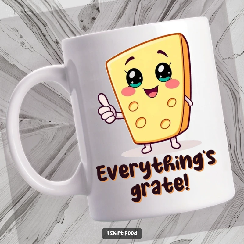 Funny mug featuring a cheerful cheese wedge character giving a thumbs up with tiny arms, spreading cheesy happiness.