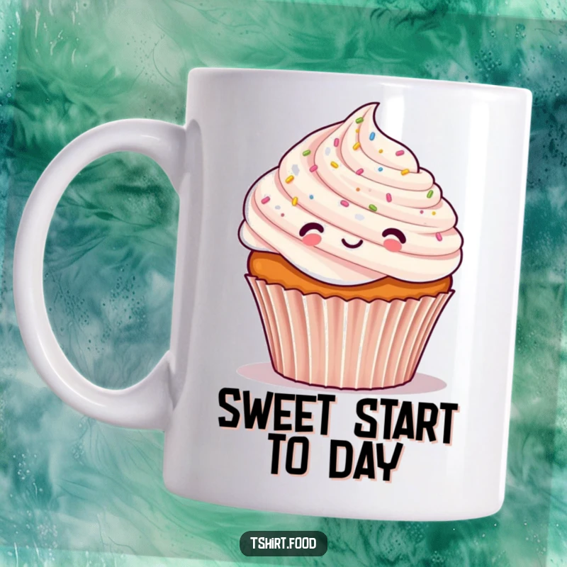 Funny mug featuring a cheerful cupcake character covered in tiny confetti, embodying festive celebration and sweetness.