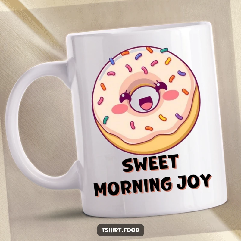 Funny Mug: A delightful donut with colorful sprinkles is joyfully bouncing with excitement, radiating pure happiness and sweetness.