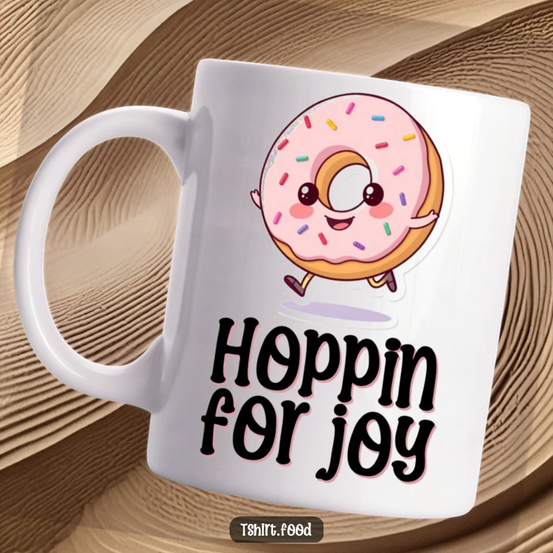 Funny mug featuring a happy, sprinkled donut doing a little hop, exuding joy and playful energy.