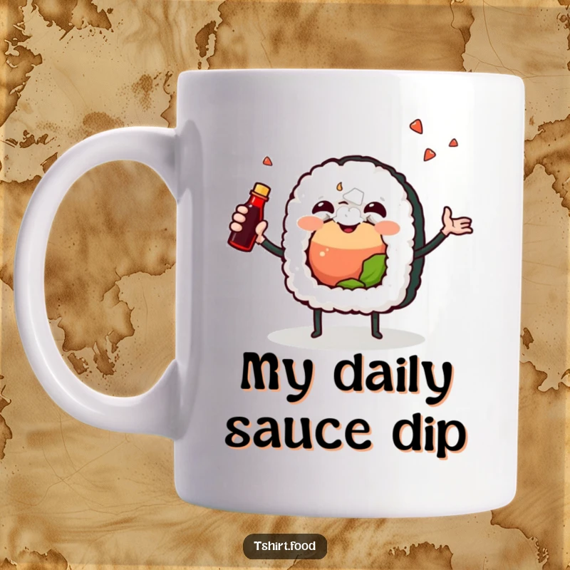 Funny mug with a joyful sushi roll character excitedly juggling a tiny soy sauce bottle, celebrating delicious food with vibrant energy.