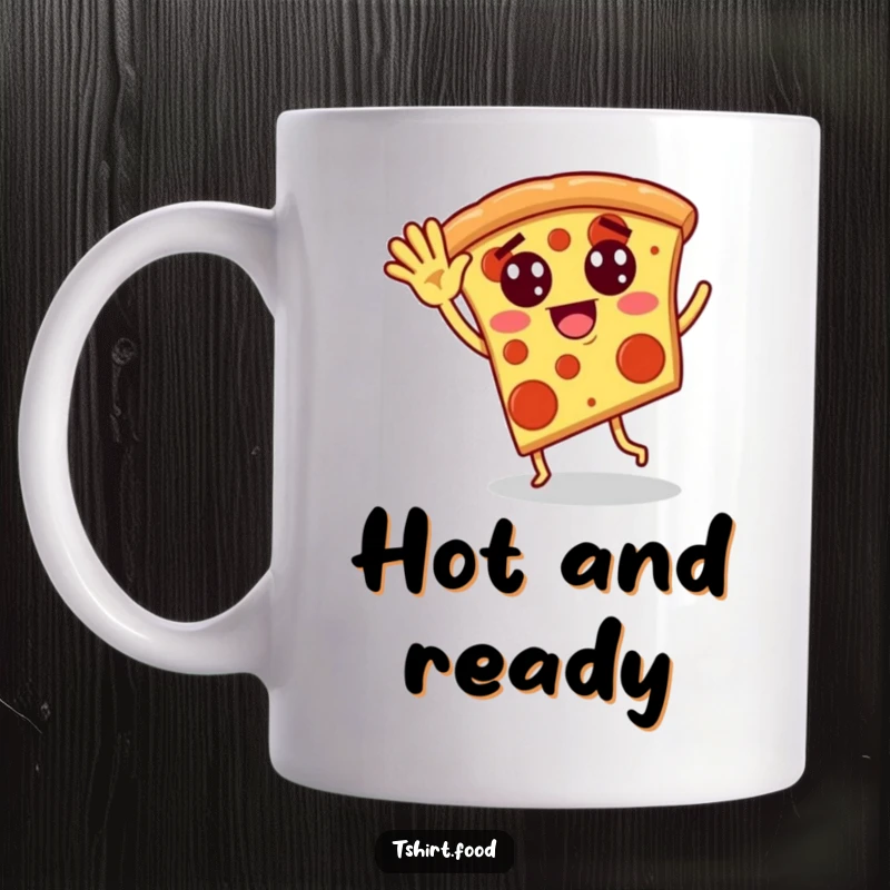 Funny mug featuring a slice of pizza with pepperoni eyes waving and doing a silly dance, perfect for pizza lovers.