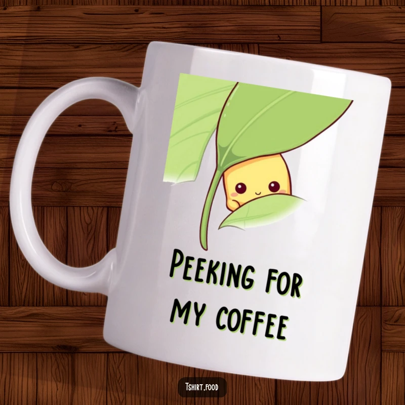 Funny shy banana mug peeking from behind a leaf, cute and gentle, great funny gift.
