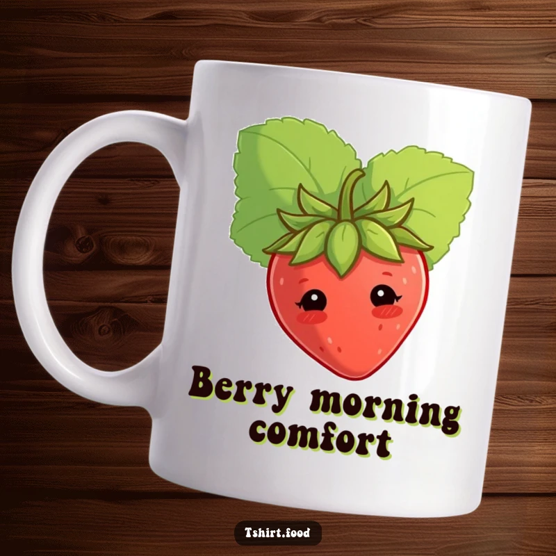 Funny shy strawberry mug, peeking from behind a leaf with a bashful expression. Adorable and humorous gift.