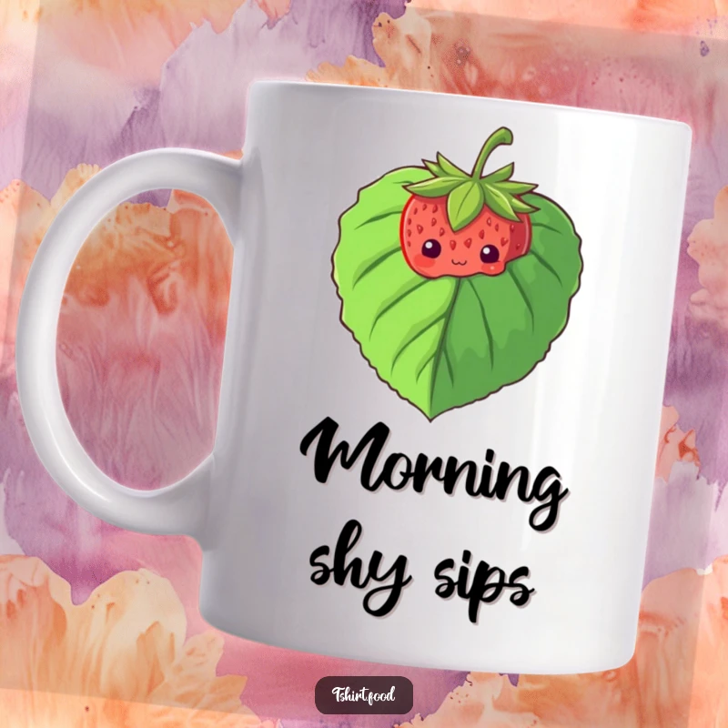 Funny mug showing a cute, shy strawberry tentatively peeking from behind a large, leafy green plant, full of bashfulness.