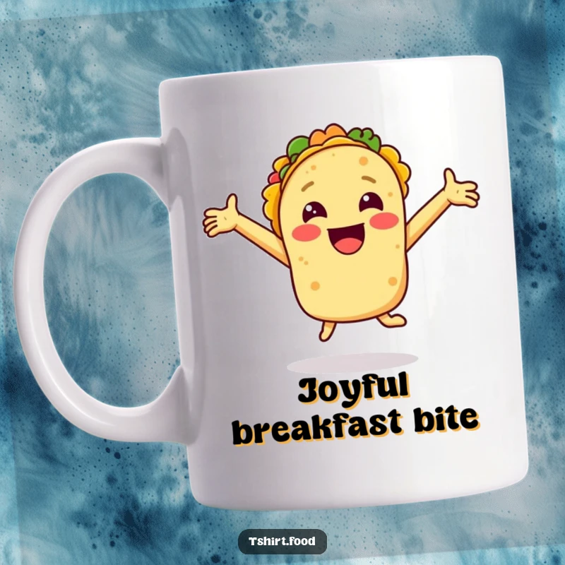 Funny mug featuring a smiling taco with arms outstretched joyfully jumping for joy, embodying pure excitement and deliciousness.