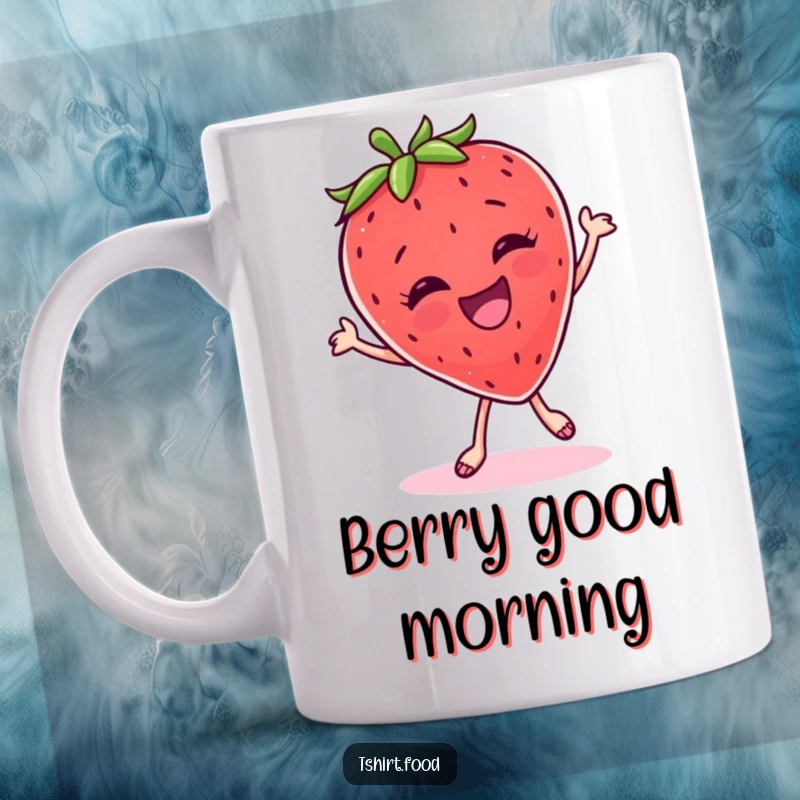 Funny Mug: A giggling strawberry performing a silly, energetic dance with pure delight and happiness.