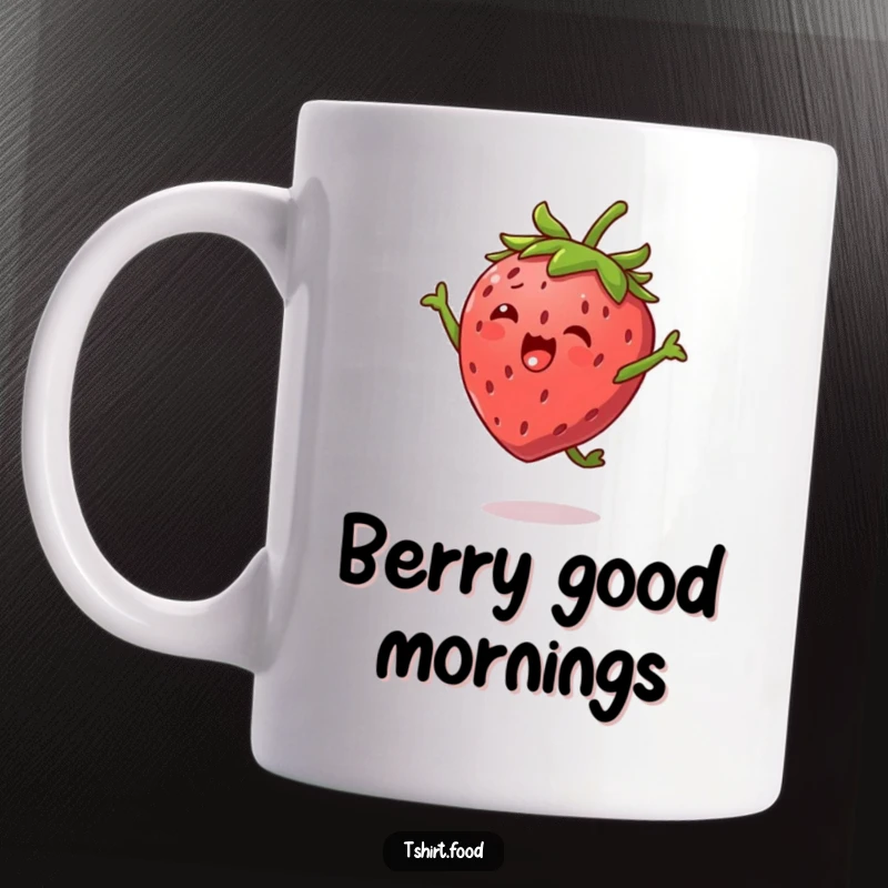 Funny Strawberry Jump Mug showcasing a happy strawberry character with tiny leaf arms performing an energetic high jump, perfect for cheerful sips.