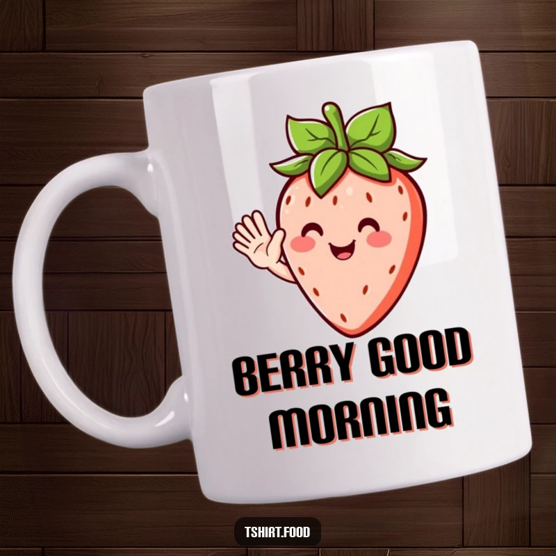 Funny mug featuring a happy strawberry character with leafy hair, enthusiastically waving hello with a cheerful, fruity smile.